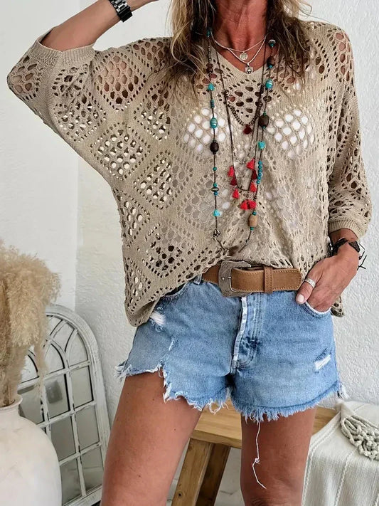 🌸 Top de croché bege para mulher, de inspiração boémia, com decote em V – Respirável, corte largo e ideal para os dias de verão ☀️