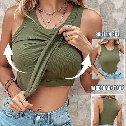 🔥Promoção - 64% de desconto✨Top de malha canelada para mulher com sutiã integrado
