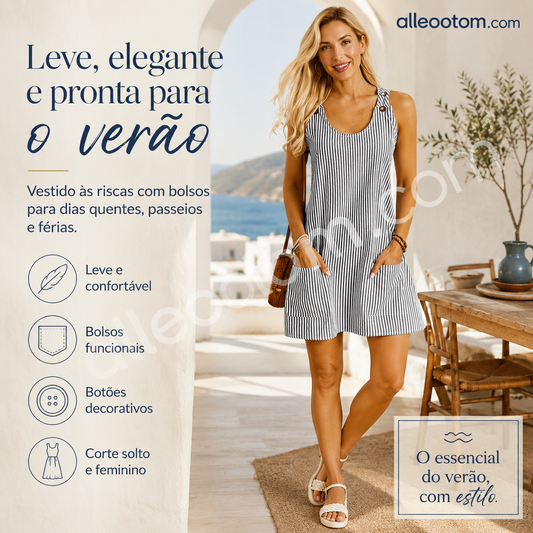 🌸 50% OFF – Vestido macaquinho casual de alças ajustáveis | Listrado, leve, ideal para praia, passeios e dia a di