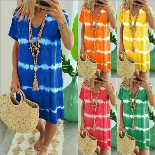 🌷Saldo com 49% de desconto🌸Novos vestidos com decote em V, estampados em tie-dye e mangas curta