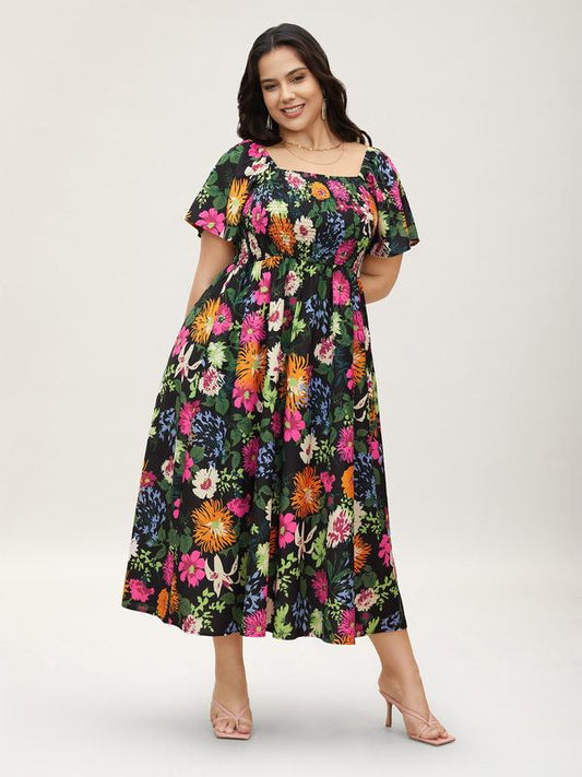 ⏰Promoção de Verão: 70% de desconto💃Vestido midi com decote quadrado, smock floral e bolso