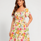⏰Promoção de Verão: 70% de desconto💃Vestido midi com decote quadrado, smock floral e bolso