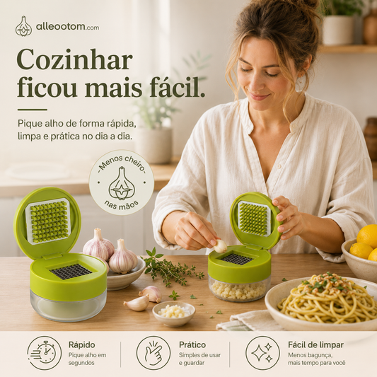 Mini picador e espremedor de alho com recipient