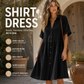 Vestido midi de manga curta com gola de camisa e botões