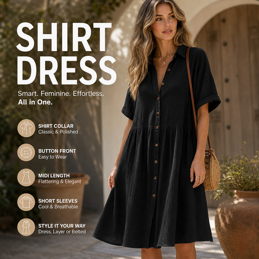 Vestido midi de manga curta com gola de camisa e botões