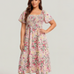 ⏰Promoção de Verão: 70% de desconto💃Vestido midi com decote quadrado, smock floral e bolso