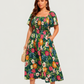 ⏰Promoção de Verão: 70% de desconto💃Vestido midi com decote quadrado, smock floral e bolso