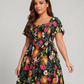 ⏰Promoção de Verão: 70% de desconto💃Vestido midi com decote quadrado, smock floral e bolso