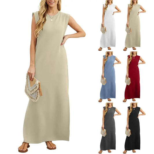 ⏳49% de desconto! Vestido de verão para senhora – tecido misto de algodão, não precisa de ser passado a ferro, fenda lateral – corte largo, ideal para férias e para o dia a dia