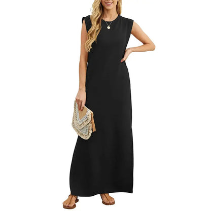 ⏳49% de desconto! Vestido de verão para senhora – tecido misto de algodão, não precisa de ser passado a ferro, fenda lateral – corte largo, ideal para férias e para o dia a dia
