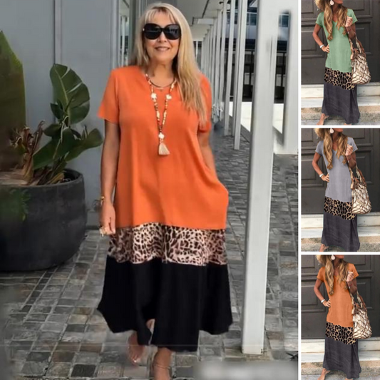 Luźna kolorowa patchworkowa sukienka z krótkim rękawem