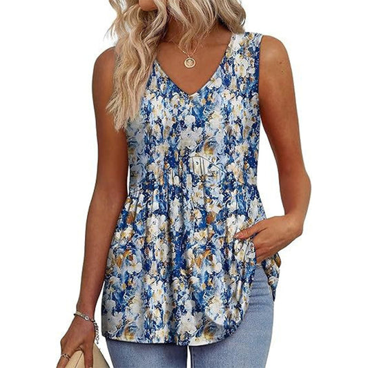 💜✨ ÚLTIMO DIA -50%! Top feminino sem mangas, com decote em V e bainha bufante – Estampado, tecido leve de poliéster, 6 padrões, tamanhos S-2XL, perfeito para festas no jardim e para o dia a dia 🌿