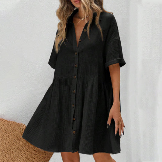 Vestido midi de manga curta com gola de camisa e botões