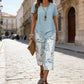Casual set featuring a crew-neck sweater (multi-layered) and extra-wide-leg pants – comfortable, breathable, and versatile – perfect for everyday wear and travel