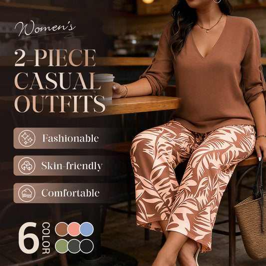 Conjunto composto por uma blusa feminina com decote em V e umas calças largas com padrões