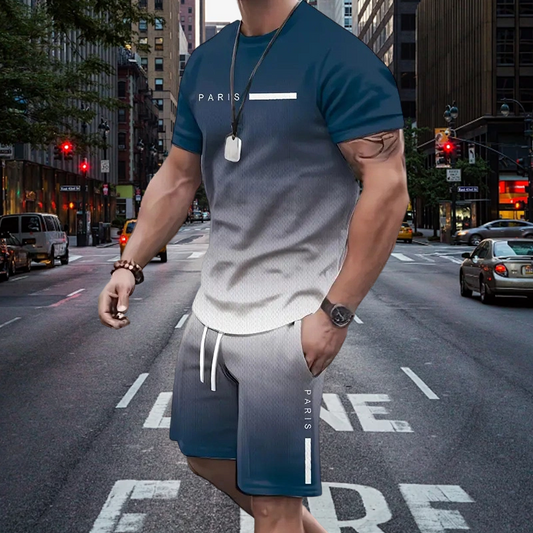 Conjunto para homem composto por uma t-shirt com efeito degradê e calções