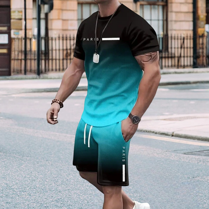 Conjunto para homem composto por uma t-shirt com efeito degradê e calções