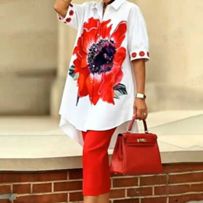 🎁Novidade 2026 com 50% DE DESCONTO💥Conjunto de duas peças com padrão floral para senhora | Top oversized elegante + calças cropped, pronto para as férias! 🌸✨