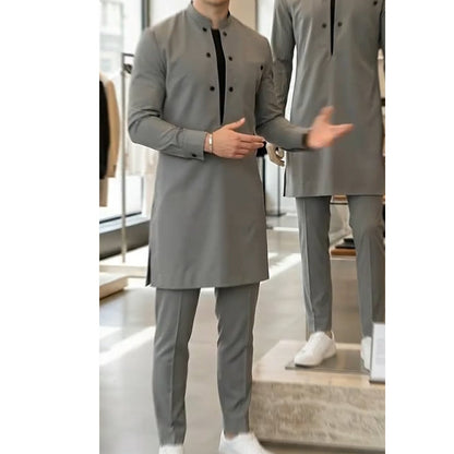 Conjunto de túnica e calças com gola mandarim moderna para homem