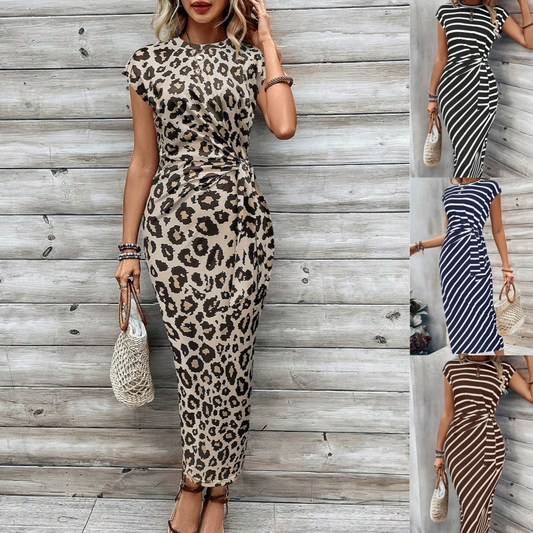Acquis🥳2026 PROMOÇÃO ESPECIAL 50% DE DESCONTO! 🥳💞Mais de 50 mil unidades vendidas!🌸Vestido justo com nó para mulher – Estampado de leopardo, com nó que realça a barriga. Confortável e elegante para festas ou encontros à noite. Sinta-se deslumbrante.
