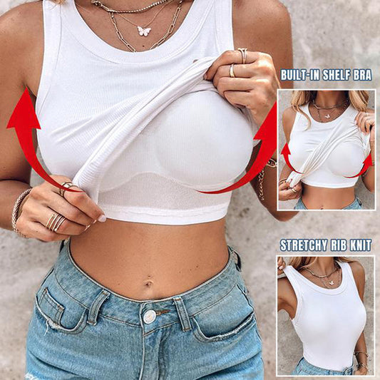 🔥Promoção - 64% de desconto✨Top de malha canelada para mulher com sutiã integrado