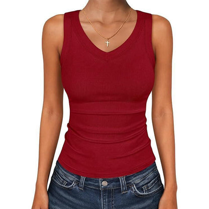 Camisola sem mangas de malha canelada com decote em V para mulher