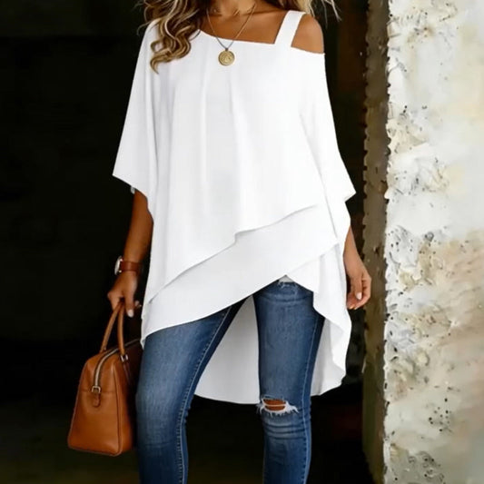 Blusa feminina casual de corte largo e assimétric