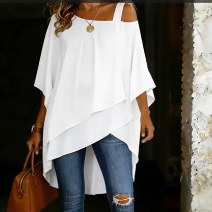 Blusa feminina casual de corte largo e assimétric