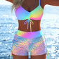 🩱🏖️ ÚLTIMO DIA COM 50% DE DESCONTO! Conjunto de biquíni para mulher – Top com cordão ajustável e calção boxer, tecido elástico, padrões coloridos, perfeito para a praia e para nadar ✨