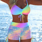 🩱🏖️ ÚLTIMO DIA COM 50% DE DESCONTO! Conjunto de biquíni para mulher – Top com cordão ajustável e calção boxer, tecido elástico, padrões coloridos, perfeito para a praia e para nadar ✨