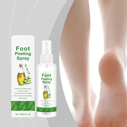 🌿 50% DE DESCONTO! Spray esfoliante para pés com óleo de árvore do chá – Esfoliação suave para pés macios e lisos