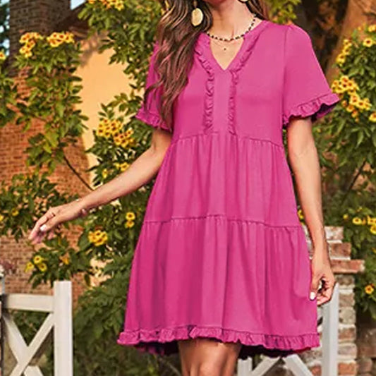 Vestido feminino com decote em V e babados em camadas