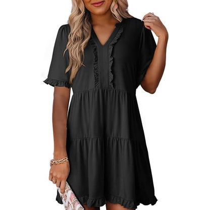 Vestido feminino com decote em V e babados em camadas