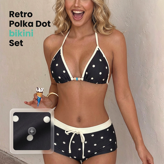 Conjunto de biquíni com top halter às bolinhas e calções curtos