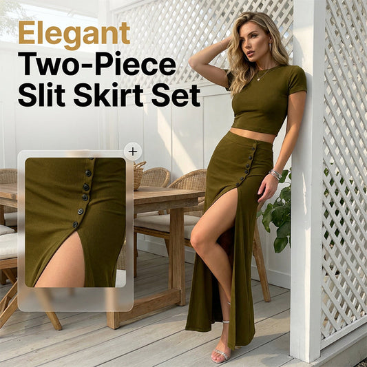 Conjunto de blusa de manga curta e saia midi com fenda para mulhe