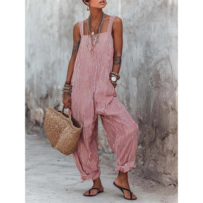 Macacão casual feminino com alças finas às riscas