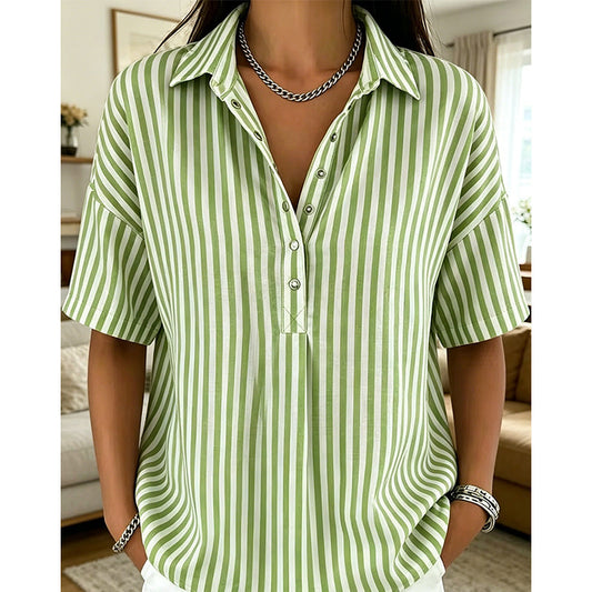 🔥 50% OFF – Camisa feminina casual de manga curta com listras | Leve, respirável, perfeita para o verã
