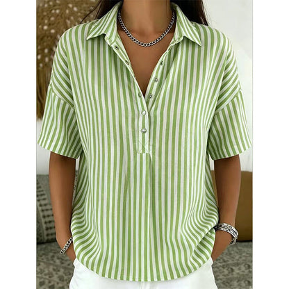 🔥 50% OFF – Camisa feminina casual de manga curta com listras | Leve, respirável, perfeita para o verã
