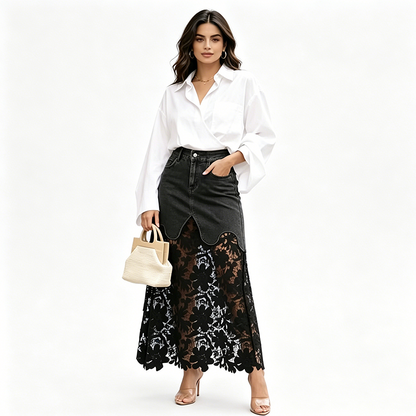 💙 50% OFF – Saia jeans lápis com detalhe renda | Bodycon, valoriza as curvas, ideal para looks noturno