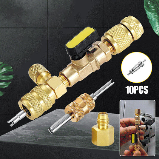 ❄️ 50% DE DESCONTO AGORA! 🔩 Ferramenta para remoção de núcleos de válvulas de ar condicionado – Duas entradas SAE, construção em latão maciço, inclui 10 núcleos extra