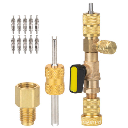 ❄️ 50% DE DESCONTO AGORA! 🔩 Ferramenta para remoção de núcleos de válvulas de ar condicionado – Duas entradas SAE, construção em latão maciço, inclui 10 núcleos extra