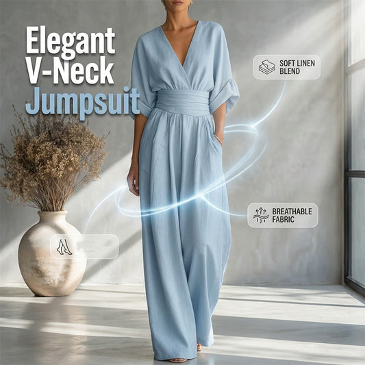 👗 50% OFF – Macacão decote V cintura alta e perna larga | Visual elegante e despojado, tecido leve, combina com tud