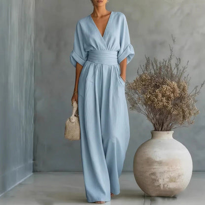 👗 50% OFF – Macacão decote V cintura alta e perna larga | Visual elegante e despojado, tecido leve, combina com tud