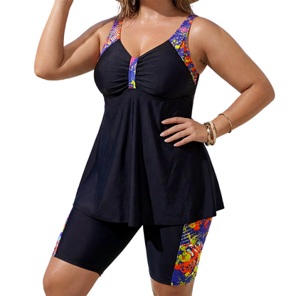 👙 DESCONTO DE 50% POR TEMPO LIMITADO! 💥 Fato de banho feminino com top tipo tankini esvoaçante e calções – modelador de barriga, calções estilo «boy shorts», com bom apoio