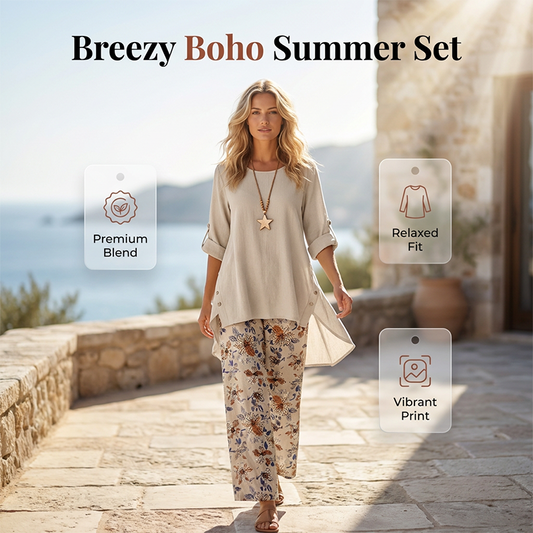 🔥 Último dia! 50% de desconto NOVO Conjunto de 2 peças para senhora em algodão e linho ✨ Estampado floral boho, confortável e respirável para o verão e as férias