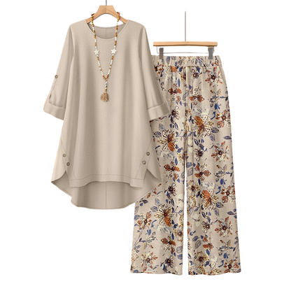 🔥 Último dia! 50% de desconto NOVO Conjunto de 2 peças para senhora em algodão e linho ✨ Estampado floral boho, confortável e respirável para o verão e as férias