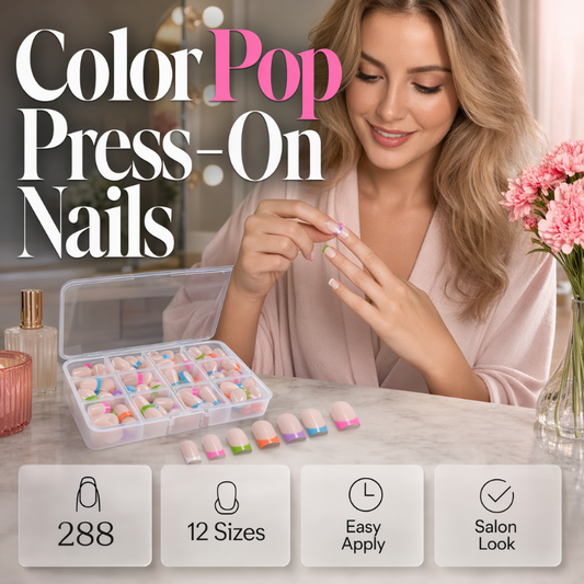 💅 50 % DE DESCONTO POR TEMPO LIMITADO! ✨ Conjunto de unhas postiças autocolantes Color Pop com 288 unidades – 12 tamanhos, fácil de aplicar, efeito «French» com acabamento de salão sem necessidade de verniz