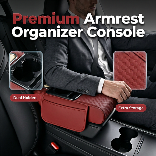 🚗 50% OFF – Almofada de apoio para o braço 5 em 1 | Organize o painel do carro com suporte para copos, compartimento para telemóvel e porta-lenços 💺