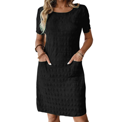 ⌛Oferta por tempo limitado – Vestido feminino com gola redonda, textura e comprimento até ao joelho