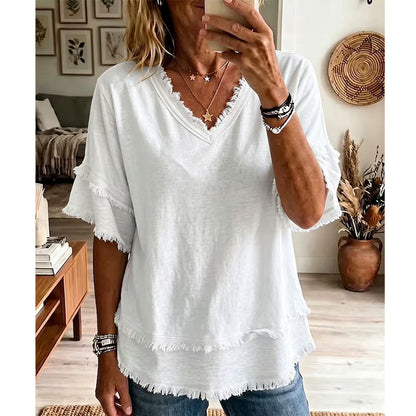 Camisola casual de manga curta com decote em V para mulher